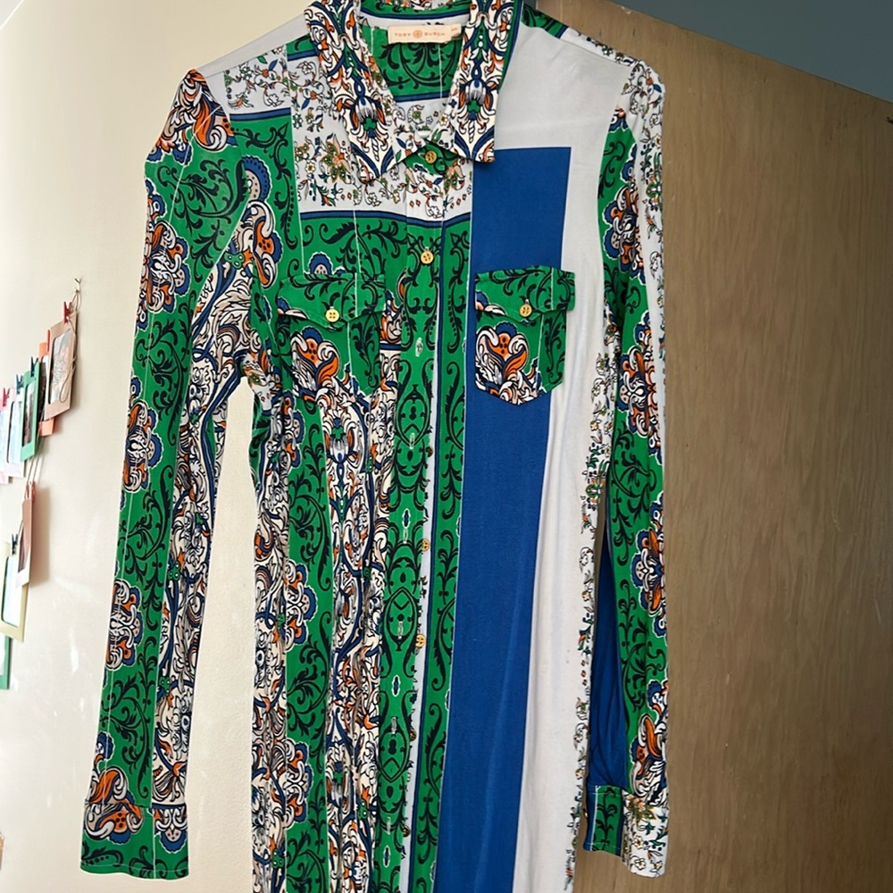 Tory Burch Green Blue White Paisley-Print Long-Sleeve Shirt Dress
